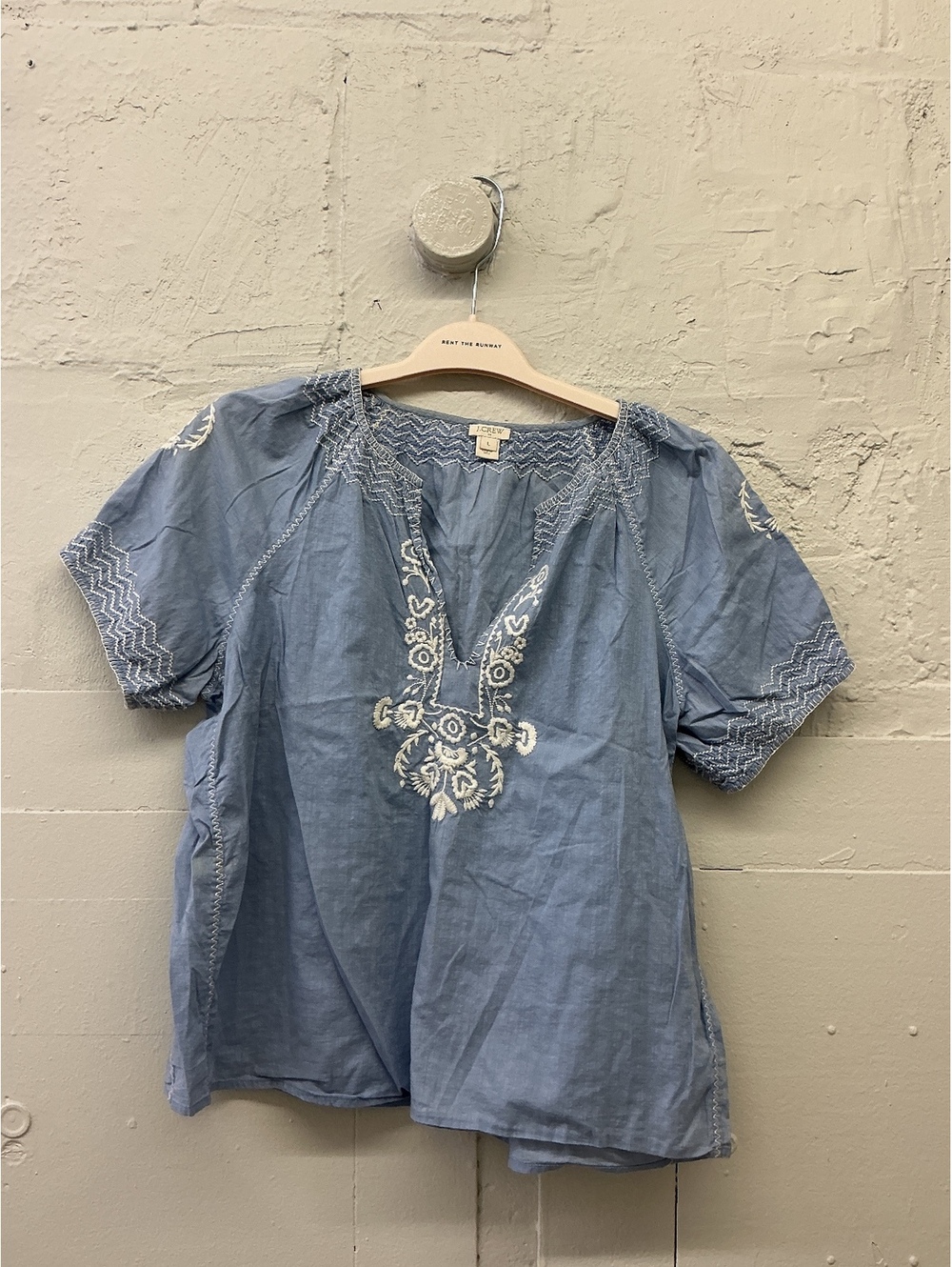 J.Crew Blue Embroidered 100% Cotton boho v-neck puff sleeve Blouse